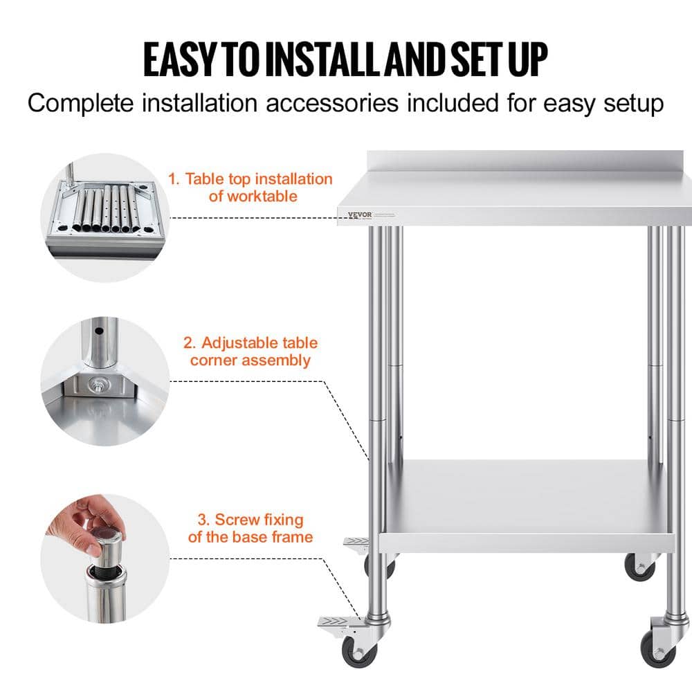 Silver Stainless Steel Adjustable Height Kitchen Prep Table with Casters