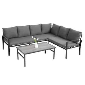 4-Piece Steel Metal Frame Outdoor Sectional Furniture Sets Patio Conversation Sets with Gray Cushions and Coffee Table