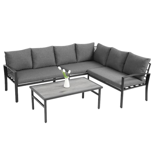 HOMEFUN 4-Piece Steel Metal Frame Outdoor Sectional Furniture Sets Patio Conversation Sets with Gray Cushions and Coffee Table