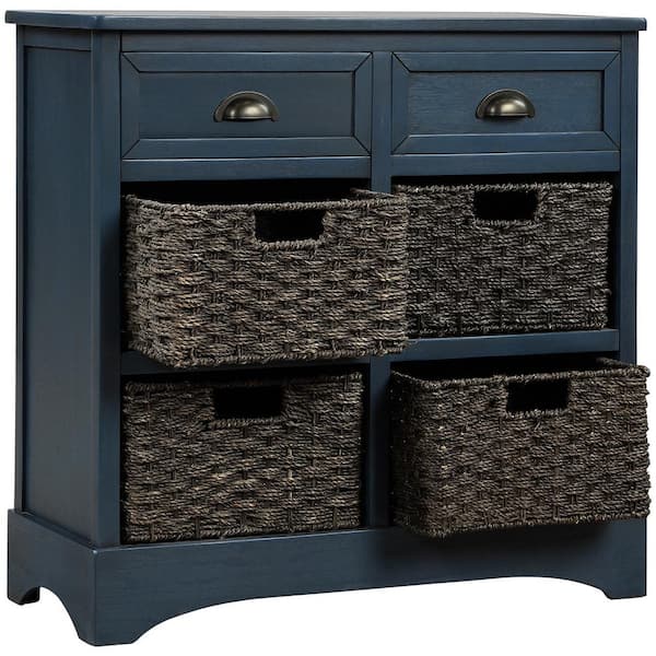 GODEER Antique Navy Rustic Storage Cabinet with Two Drawers and Four Classic Rattan Basket