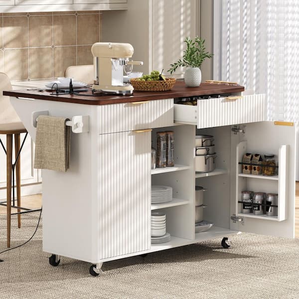White Wood 52 in. W Rolling Fluted Kitchen Island Cart with Adjustable Shelves, 2-Doors and 2-Drawers