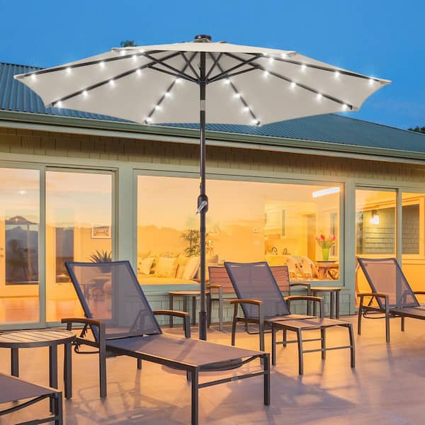 SANLUCE 9 ft. LED Round Patio Umbrella with Large Canopy Outdoor Table Umbrella for Garden, deck and pool in Beige