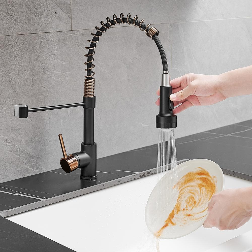 Matte Black and Rose Gold Pull Down Kitchen Faucet with LED Light