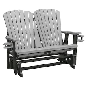 Adirondack Series 52 in. 2-Person Black Frame High Density Plastic Outdoor Glider with Light Gray Seats and Backs
