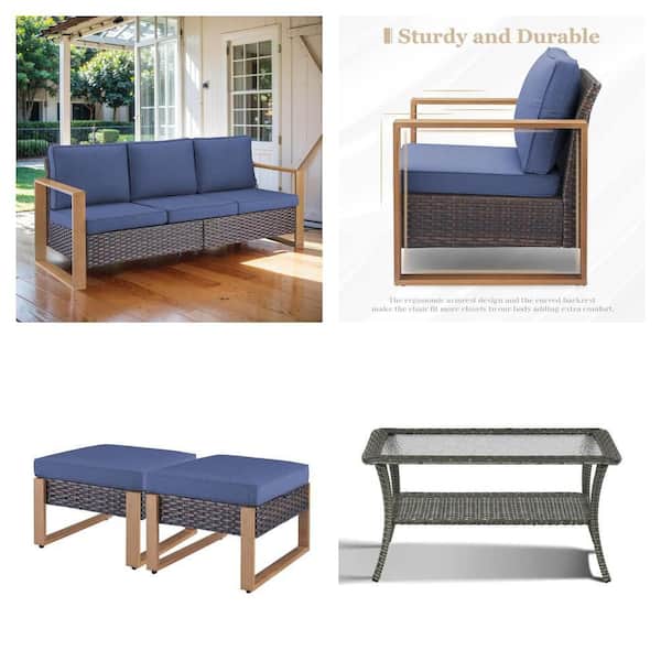 Wicker Patio Sofa, Lounge Chair, 2-Pack Ottoman and Glass Side Table Set