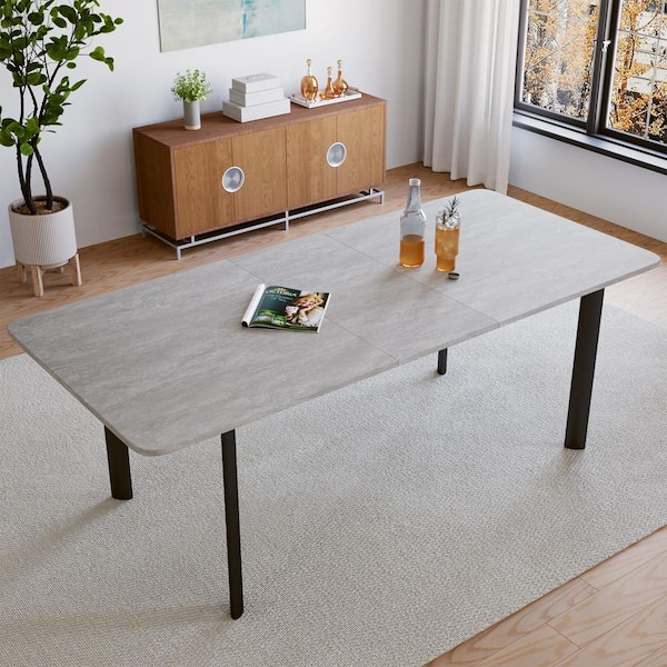 1-Piece Modern Rectangular Gray Wood 78.7 in. 4 Metal Legs Dining Table（seats 6-8)