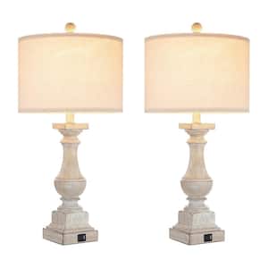 25 in. Painted Brown Farmhouse Table Lamp Set and USB Ports, bulbs (Set of 2)