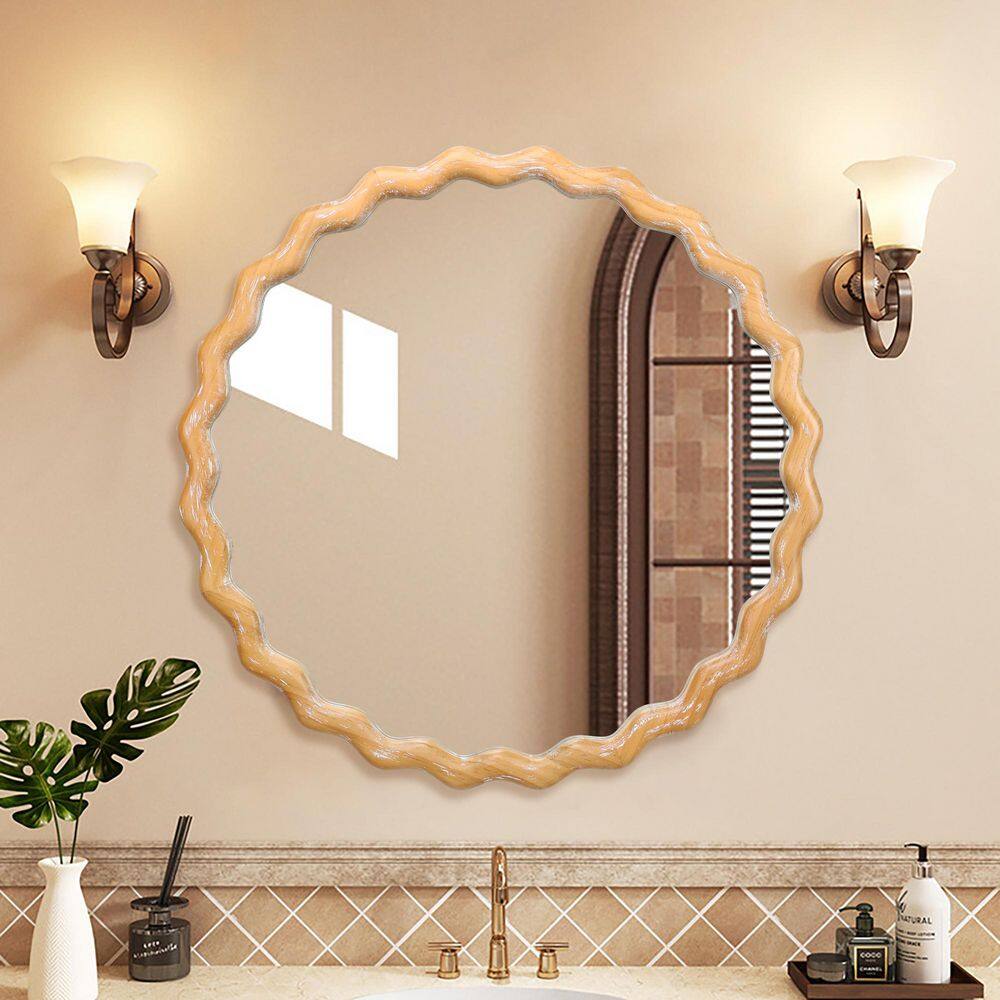 Natural Wood 28 in. W x 28 in. H Farmhouse Wood Decorative Wall Mirror Floral Accent Mirror Distressed Bathroom Mirror