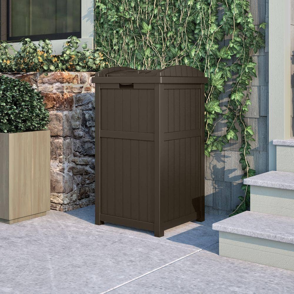Suncast Plastic Trash Hideaway 30 Gallon Brown Outdoor Trash Can