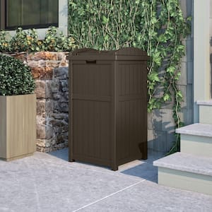 Suncast Plastic Trash Hideaway 30 Gallon Brown Outdoor Trash Can with Lid, Suitable for Patios, Decks and Backyards