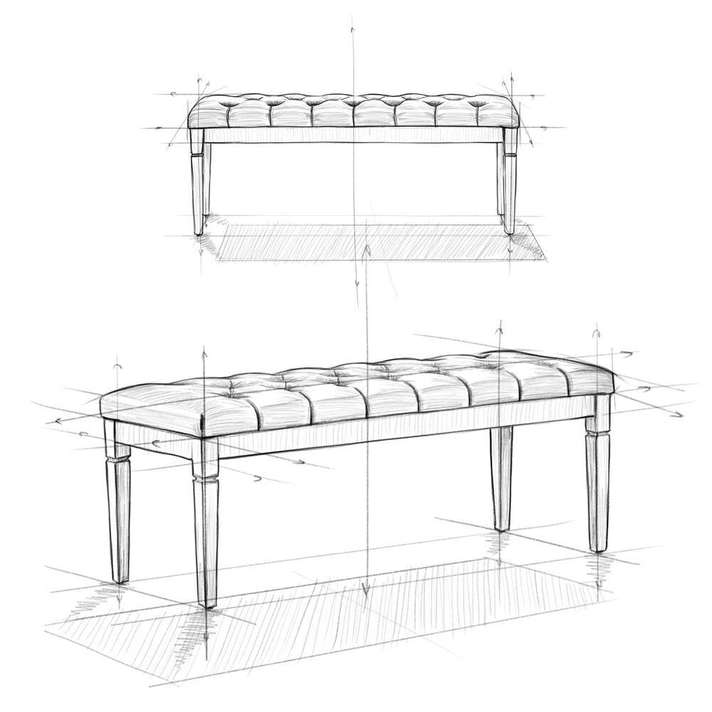 Cloud Grey Linen Tufted Ottoman Bench with Wood Legs