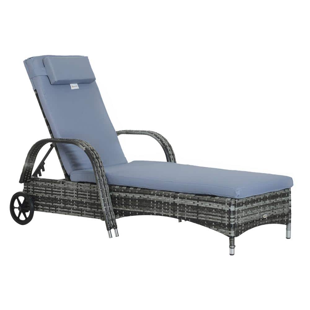 Mixed Gray Wicker Outdoor Chaise Lounge, 5-Level Adjustable Backrest with W