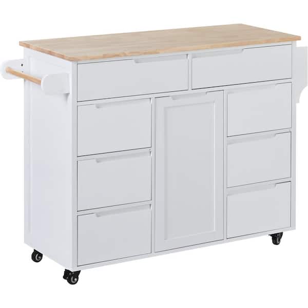 Xzkai White Wood 53 in. Kitchen Island with 5-Wheels, Handle-Free Drawers, Including a Flatware Organizer