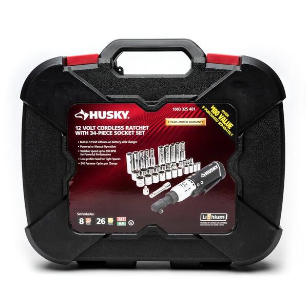 Husky - 12-Volt Lithium-Ion 3/8 in. Drive Cordless Ratchet W/ 34 Piece Socket Set, Battery, Charger, and Carrying Case