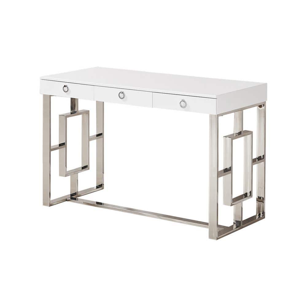 Luxe White High Gloss 47" Writing Desk with Stainless Steel Frame & Drawers