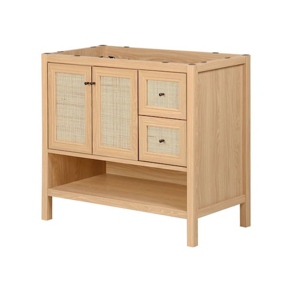 Jasper 36 in. W x 18 in. D x 33 in. H Rattan Modern Coastal 2-Shelf Bath Vanity Cabinet without Top in Oak