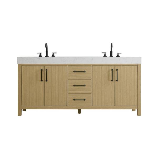72 in. Double Sink Honey Brown Bath Vanity with White Engineered Marble Top
