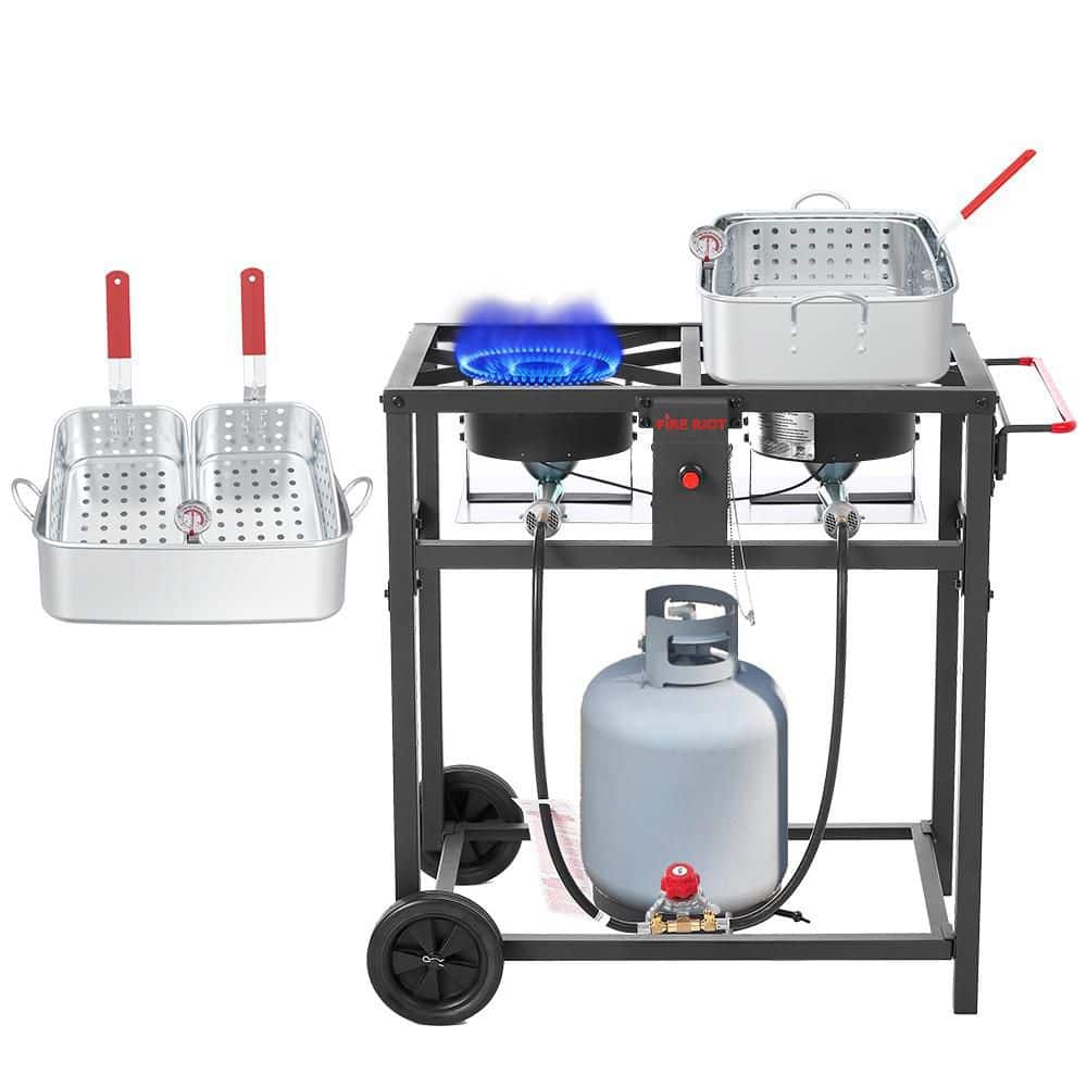 Double 18QT Outdoor Propane Deep Fryer Cart with Aluminum Pots, Fry Baskets and Thermometers