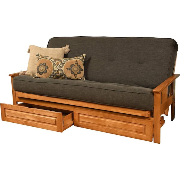 79 in. Butternut/Linen Charcoal Linen Upholstered Full Size Futon Set with Mattress and Storage Drawers