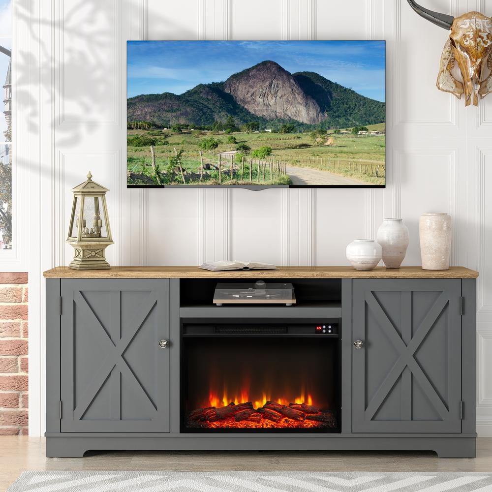 70 in. Farmhouse Wooden TV Stand with Electric Fireplace in Gray for TVs up to 75 in -  FESTIVO, FTS23309