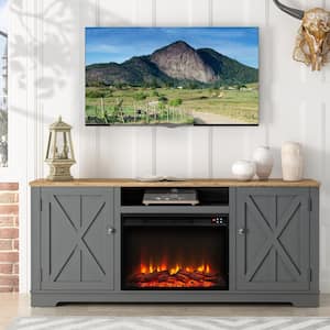 70 in. Farmhouse Wooden TV Stand with Electric Fireplace in Gray for TVs up to 75 in.