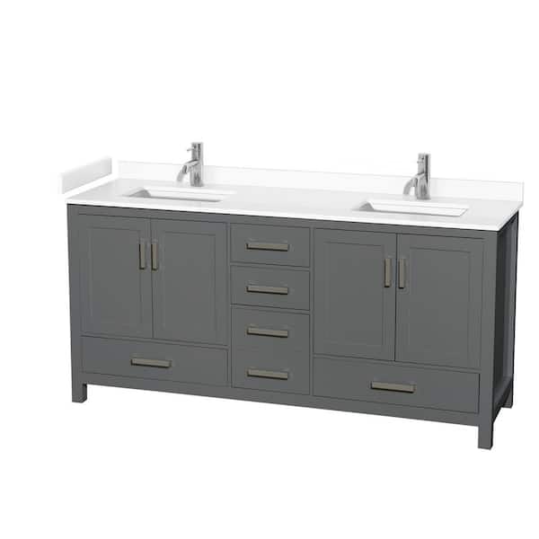 Wyndham Collection Sheffield 72 in. W x 22 in. D x 35 in. H Double Bath Vanity in Dark Gray with White Cultured Marble Top