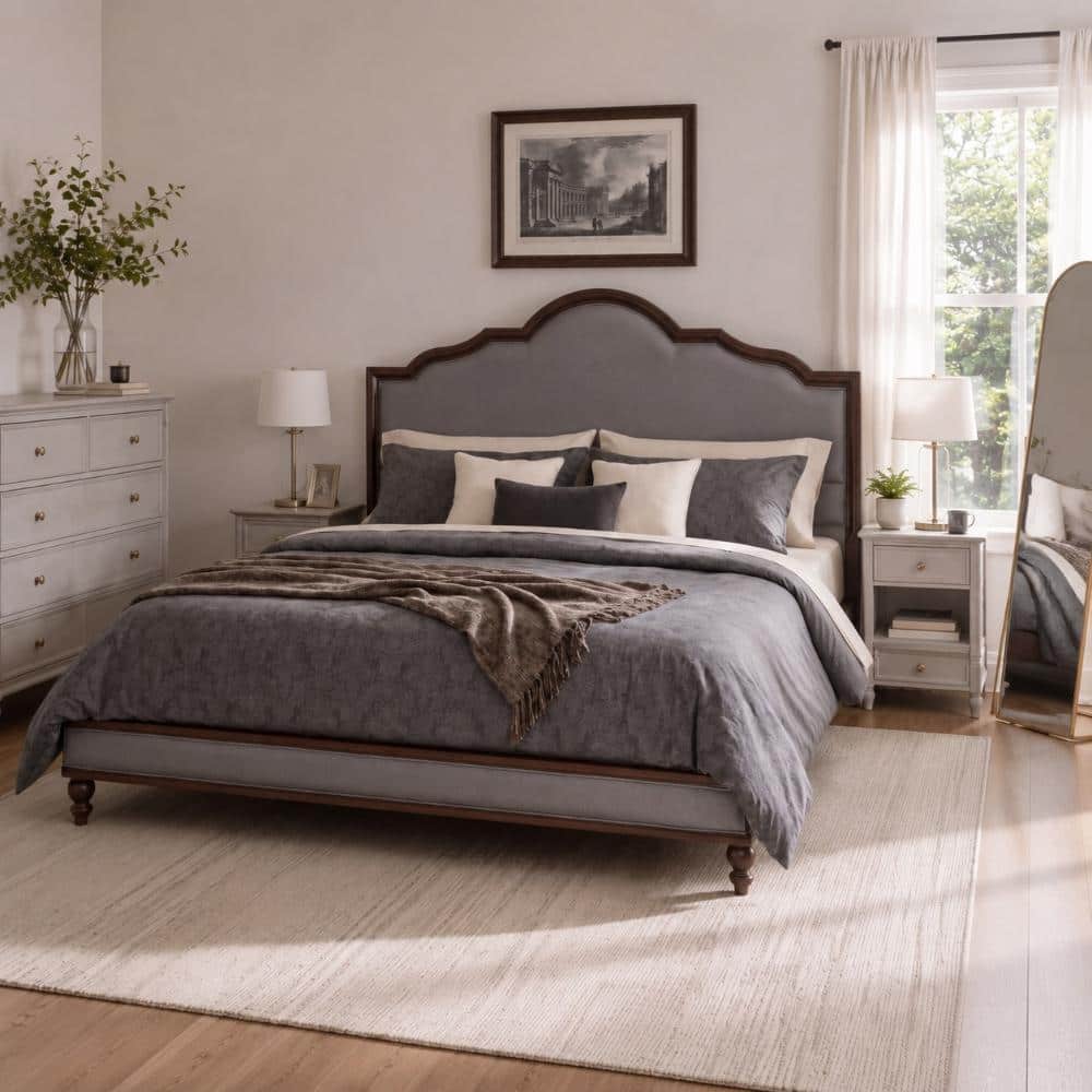Gray and Walnut Wood Frame King Size Platform Bed with Upholstered Curved Headboard