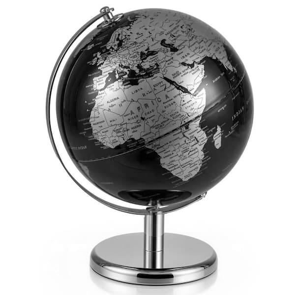 10.5 in. Metallic Black World Globe 8-Inch Rotating Earth Globe Metal Stand Teaching Gift Silver