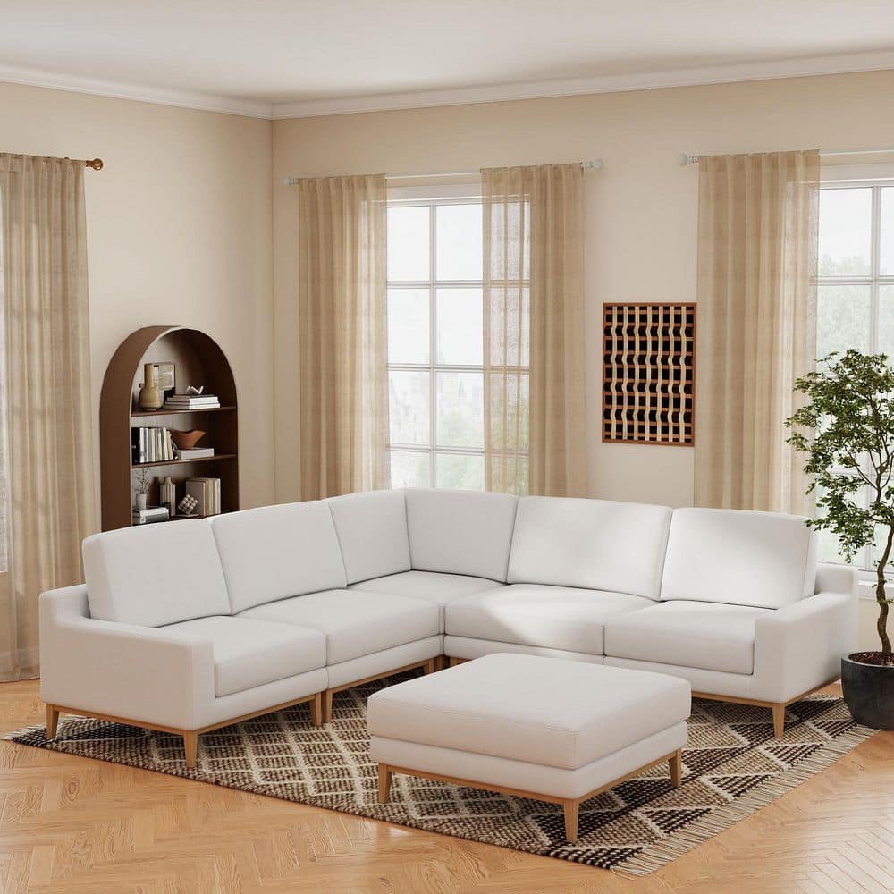 117 in. Square Arm 6-Piece Polyester Deep Seat Modular Free Combination Sectional Sofa with Ottoman in White