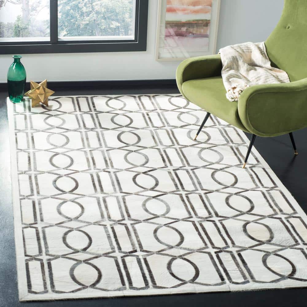 Ivory and Gray Hand-Knotted Geometric Cowhide Rug