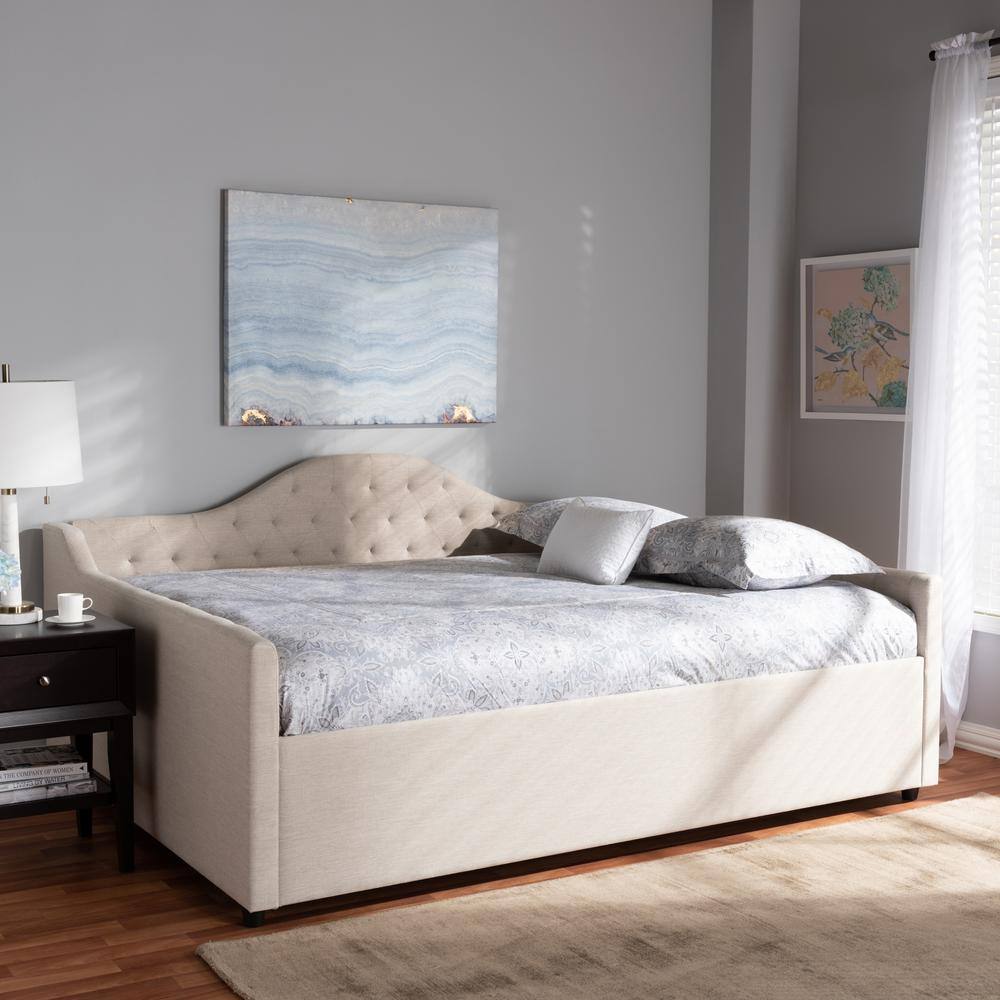 Light Beige Full Size Upholstered Daybed with Tufted Headboard