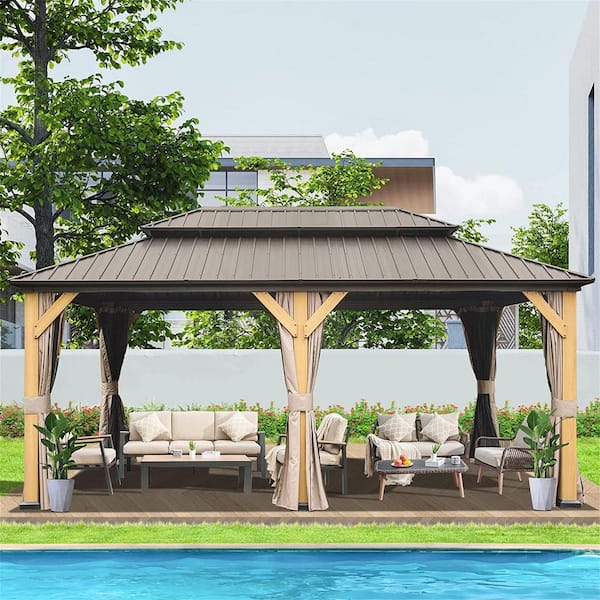 12 ft. x 20 ft. Outdoor Cedar Wood Frame Hardtop Gazebo with Galvanized Steel Double Roof, Curtains and Netting