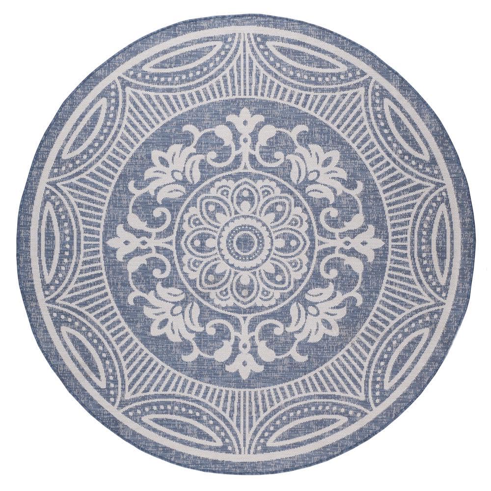 Beverly Rug Waikiki Blue/White 7 ft. Round Medallion Indoor/Outdoor Area Rug Beverly Rug indoor outdoor rugs are available in various sizes; 4 ft. x 6 ft. area rug (3 ft. 11 in. x 5 ft. 11 in.), area rug 5 ft. x 7 ft. (5 ft. 3 in. x 7 ft.), 6 ft. x 9 ft. area rugs (6 ft. 7 in. x 9 ft.), large area rug 8 ft. x 10 ft. (7 ft. 10 in. x 10 ft.) and 6 ft. 7 in. circle rug. You can use our non-shedding rugs wherever needed; either indoors such as living room, dining room, laundry room, bedroom, hallway, children playroom, or outdoors such as deck, patio, pool side, picnic, beach, garage, or guest lounges. These fade resistant indoor rugs has UV protection and offer environment protection with their eco-friendly and breathable material. The vibrant colors will not fade in the sun. Ideal for high traffic areas. With natural color options of beige, blue, grey and dark grey, this beautiful medallion area rug is perfect fit for your vintage decor. Color: Blue/White.