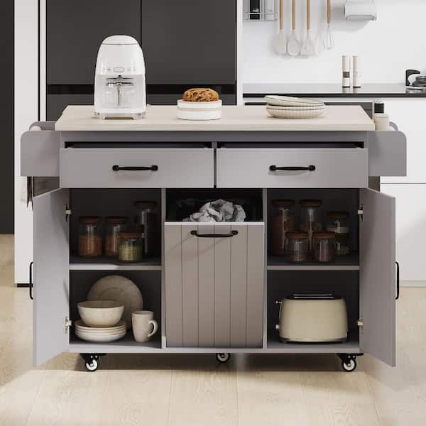 Gray Wood 51.06 in. Kitchen Island with Trash Can Storage Cabinet, Drop Leaf, Spice Rack, Towel Rack and Drawer