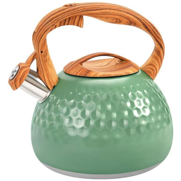 3.1 qt. 12-Cup Stainless Steel Whistling Induction Stovetop Tea Kettle with Wood Pattern Handle in Green