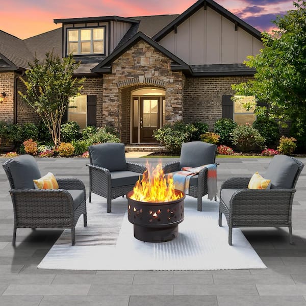Hyacinth Gray 5-Piece Wicker Patio Wood Burning Fire Pit Conversation Seating Set with Dark Gray Cushions