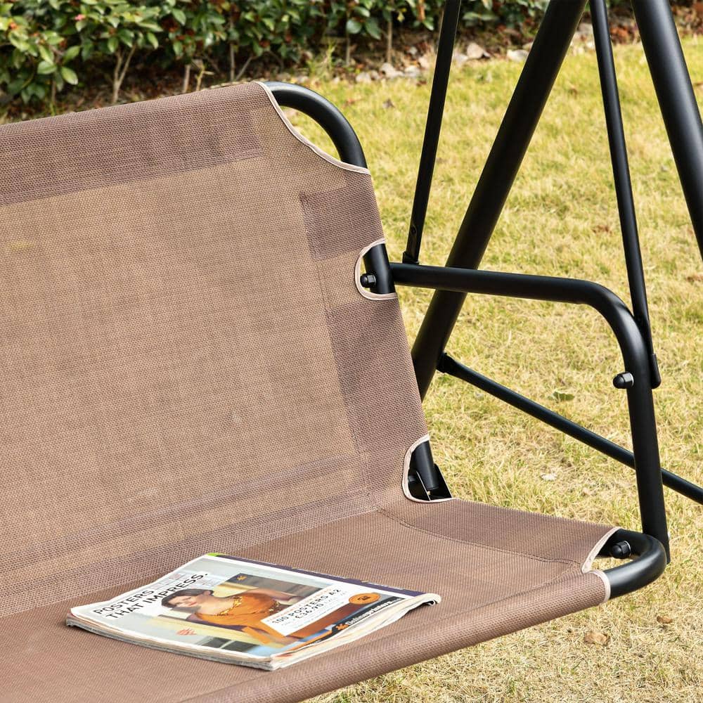 Brown Steel Frame 2-Seater Patio Swing Chair with Adjustable Canopy