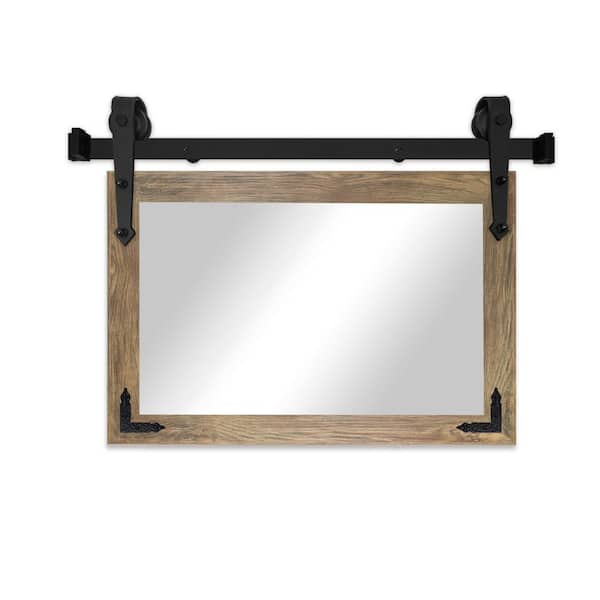 (33 in. W x 66 in. H) Brown Vertical Mirror with Steel Barn Door Track and Metal Corner Brackets