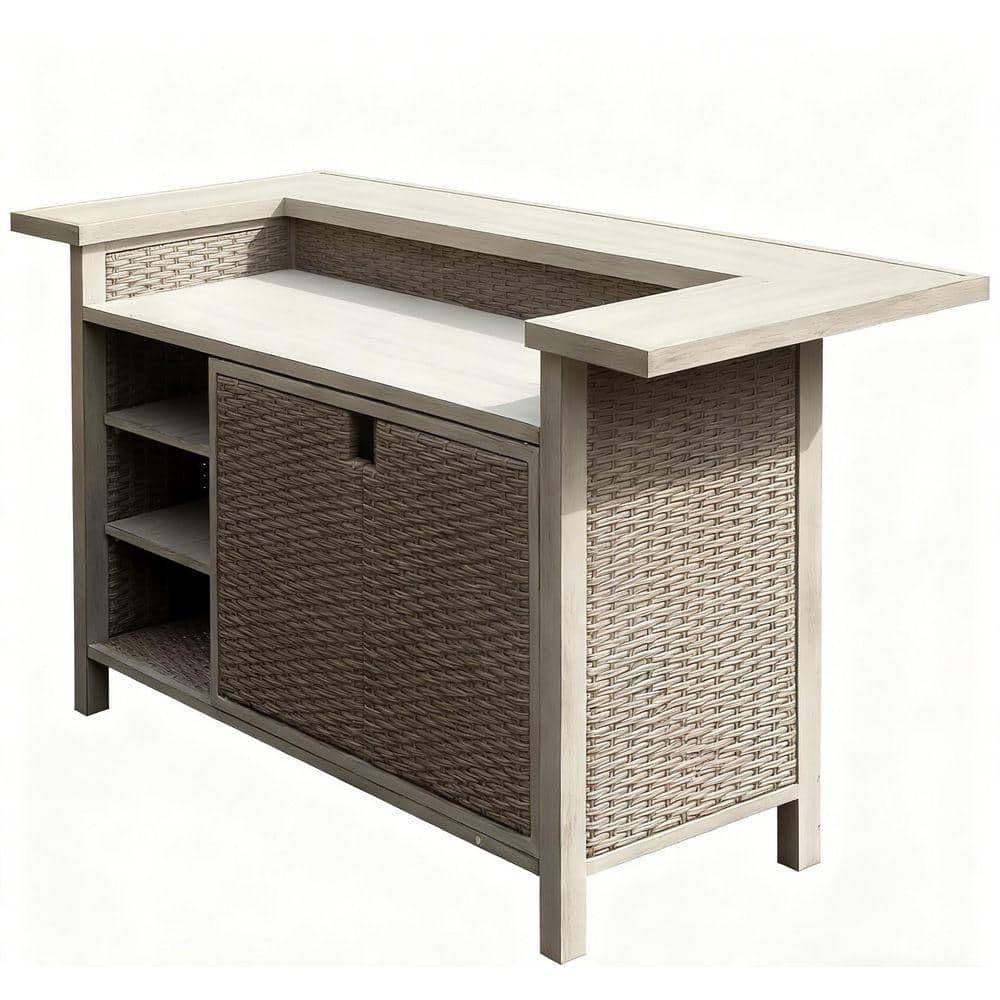 Aluminum Outdoor PE Wicker Bar Cart, Patio Bar Table with Cabine, for Patio Kitchen or Bar Cart, Beige