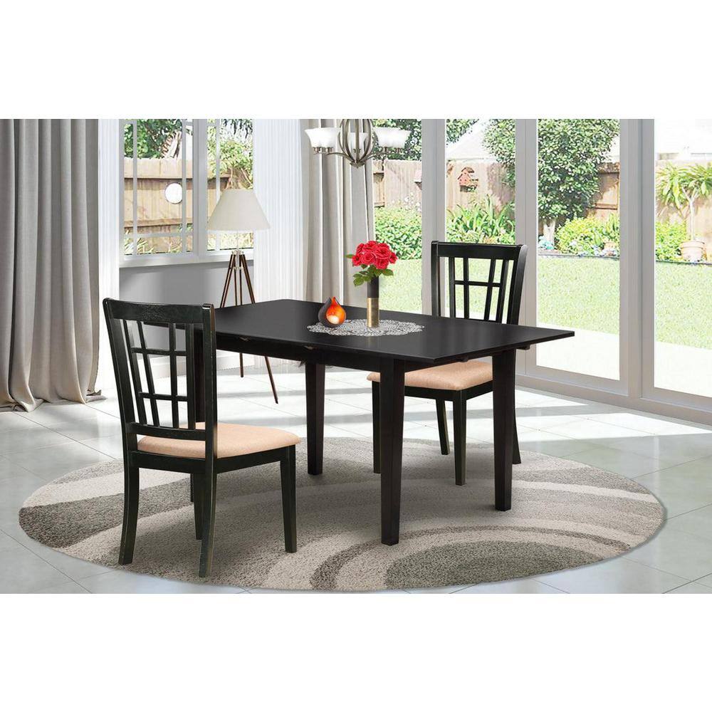 3-Piece Black Finish Rectangular Solid Wood Top with Butterfly Leaf Dining Table Set