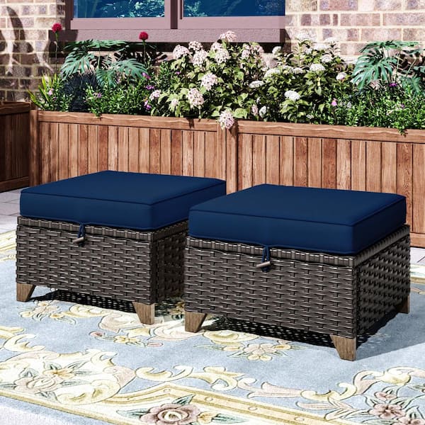Wicker Outdoor Patio Ottoman with Deep Blue Cushions (Set of 2)