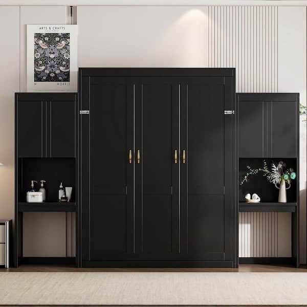 Espresso Brown Wood Frame Queen Murphy Bed with Desk, Vanity and Cabinets