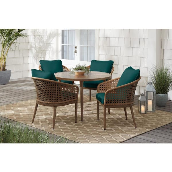 Hampton Bay Coral Vista 5-Piece Brown Wicker and Steel Outdoor Patio Dining Set with CushionGuard Malachite Green Cushions
