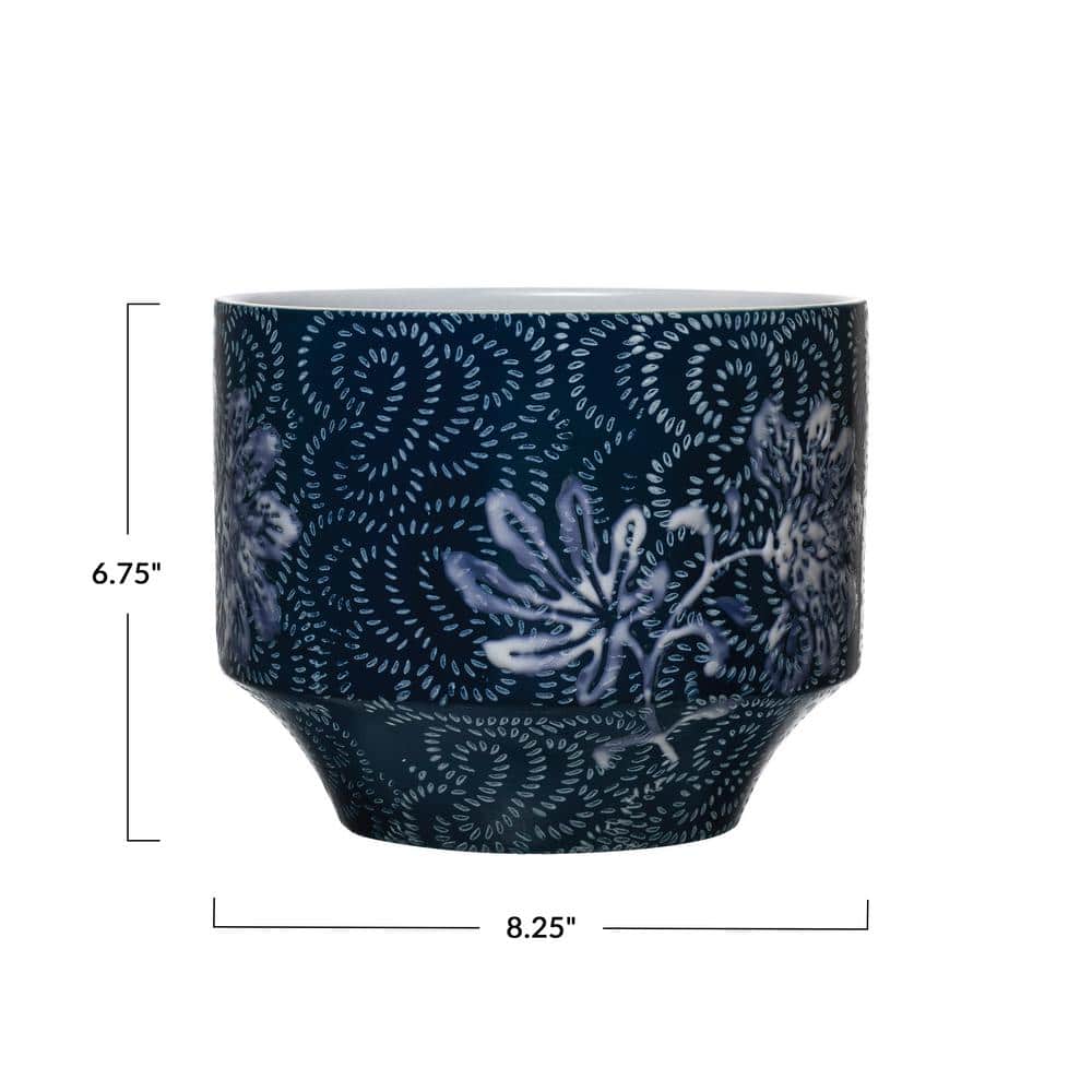 Blue and White Floral Stoneware Planter for 4" Pots