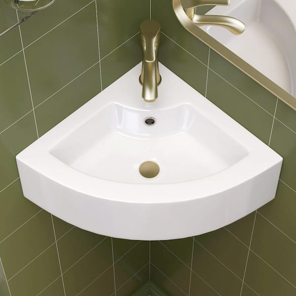 13 in. W x 13 in. D Corner Wall Mounted Bathroom Sink Triangle Ceramic Basin with Overflow & Single Faucet Hole in White