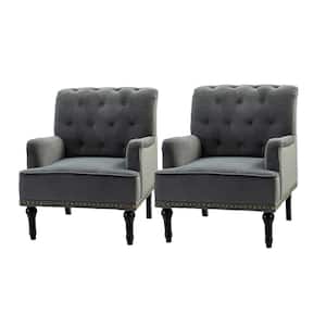 Enrica Grey Tufted Comfy Velvet Armchair with Nailhead Trim and Rubberwood Legs (Set of 2)