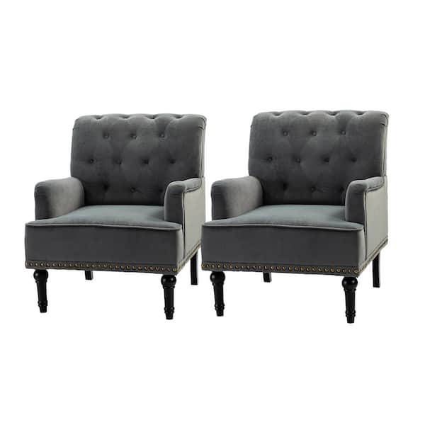 JAYDEN CREATION Enrica Grey Tufted Comfy Velvet Armchair with Nailhead Trim and Rubberwood Legs (Set of 2)