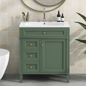30 in. W x 18 in. D x 33 in. H Single Sink Freestanding Bath Vanity in Green with White Ceramic Top and Storage Cabinet