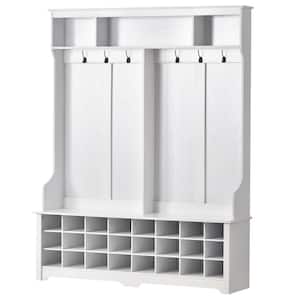 White Multiple Functions Hallway Coat Rack with 6-Hooks, Entryway Bench with Ample Storage Space and 24 Shoe Cubbies