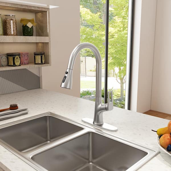 3-Spray Patterns Single Handle Pull Down Sprayer Kitchen Faucet with Deckplate and Water Supply Hoses in Brushed Nickel